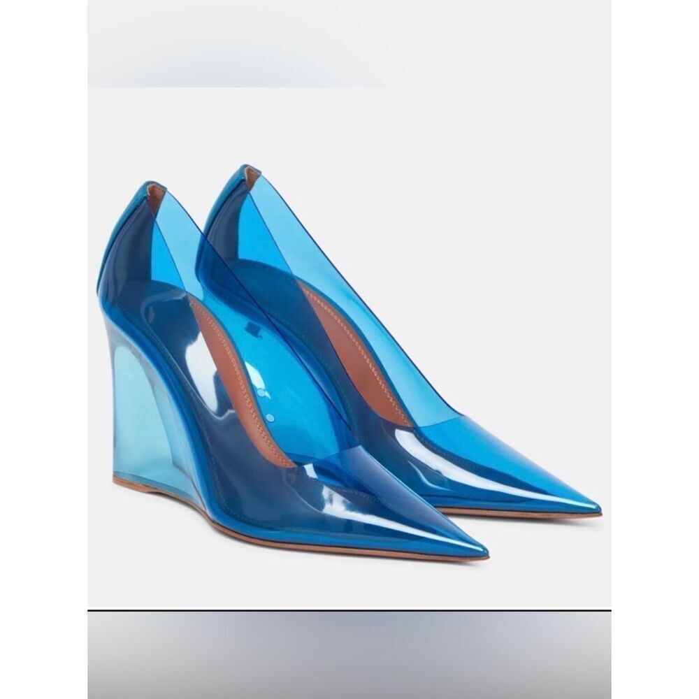New Amina Muaddi Ane Glass Wedge Pumps Blue 95mm Size EU 38.5/ US 8.5
